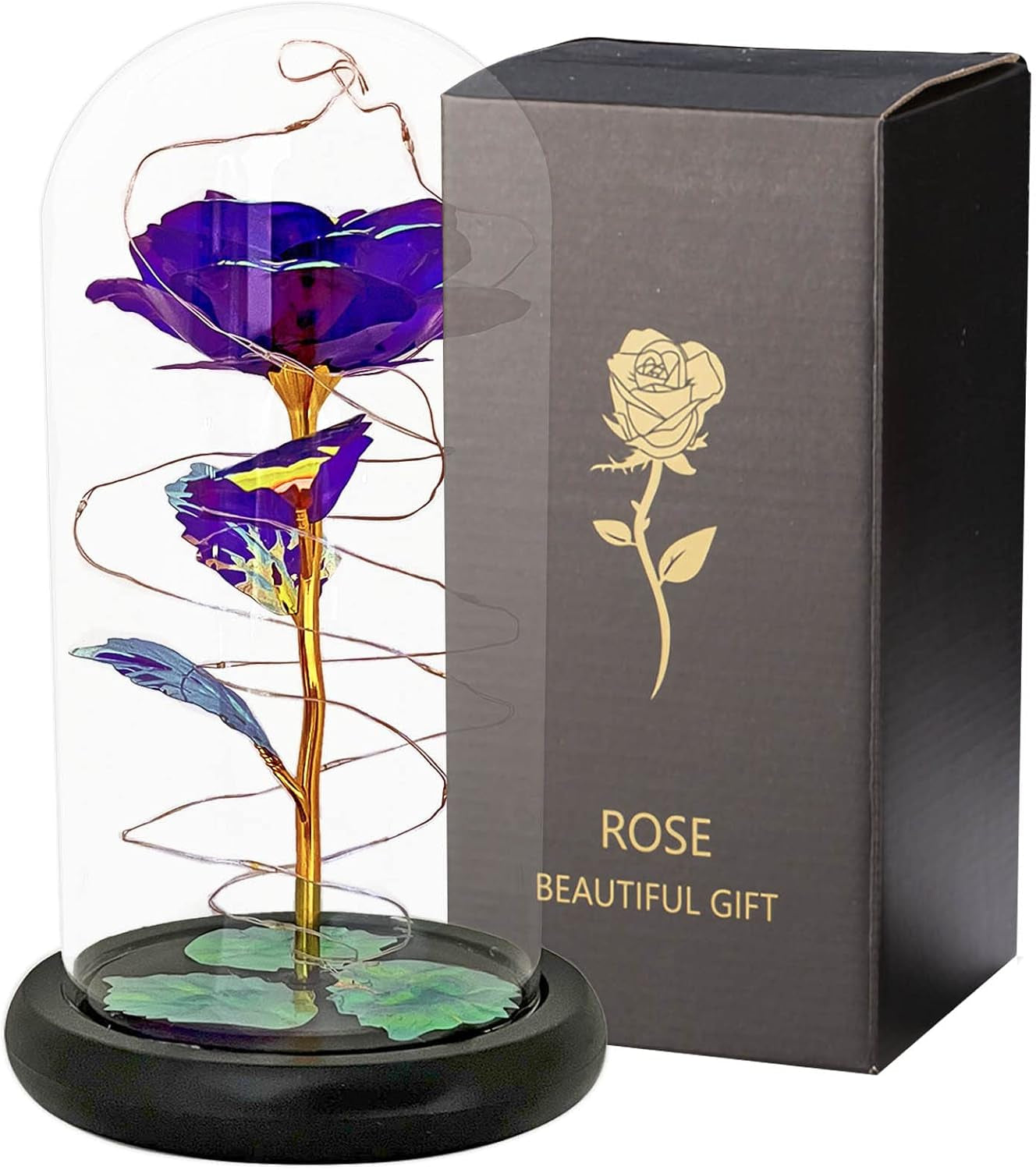 PDTXCLS TANGDIAABBCC Beauty and the Beast Rose Lasts Forever Artificial Colorful Roses in a Glass Dome Flower Gift for Mother'S Day Valentine'S Day Wedding Anniversary Girl'S Birthday (Purple)